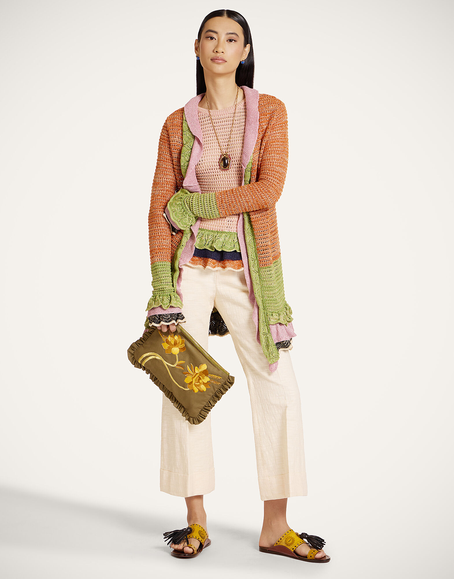 La DoubleJ Eight Counts Cardigan Color Block Orange & Green PUL0349KNI199VA467OR02