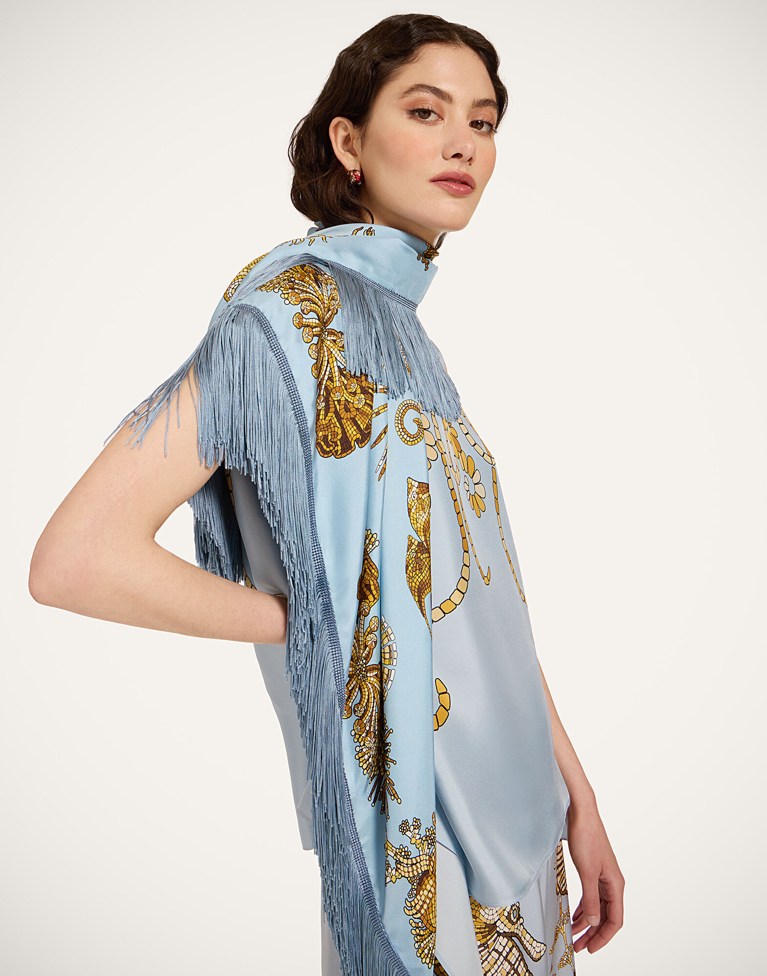 La DoubleJ Reversible Fringe Foulard 90 Oceania Plac&eacute;e Light Blue SCA0073SIL006OCE01BU01