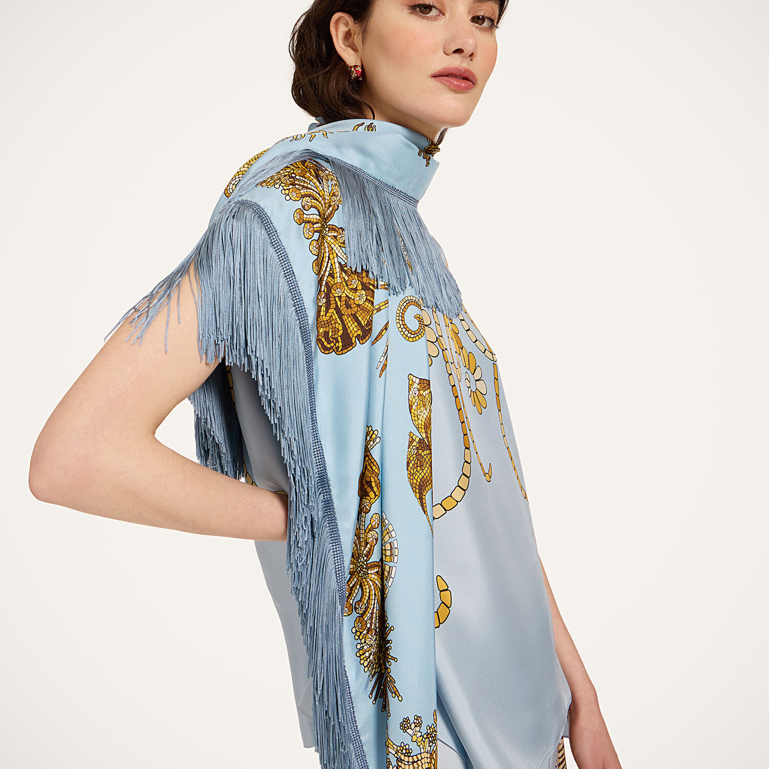  La Doublej Summer 2026 Collection: Vip Early Access Women - Reversible Fringe Foulard 90 Oceania Placée Light Blue One Size 100% Silk 