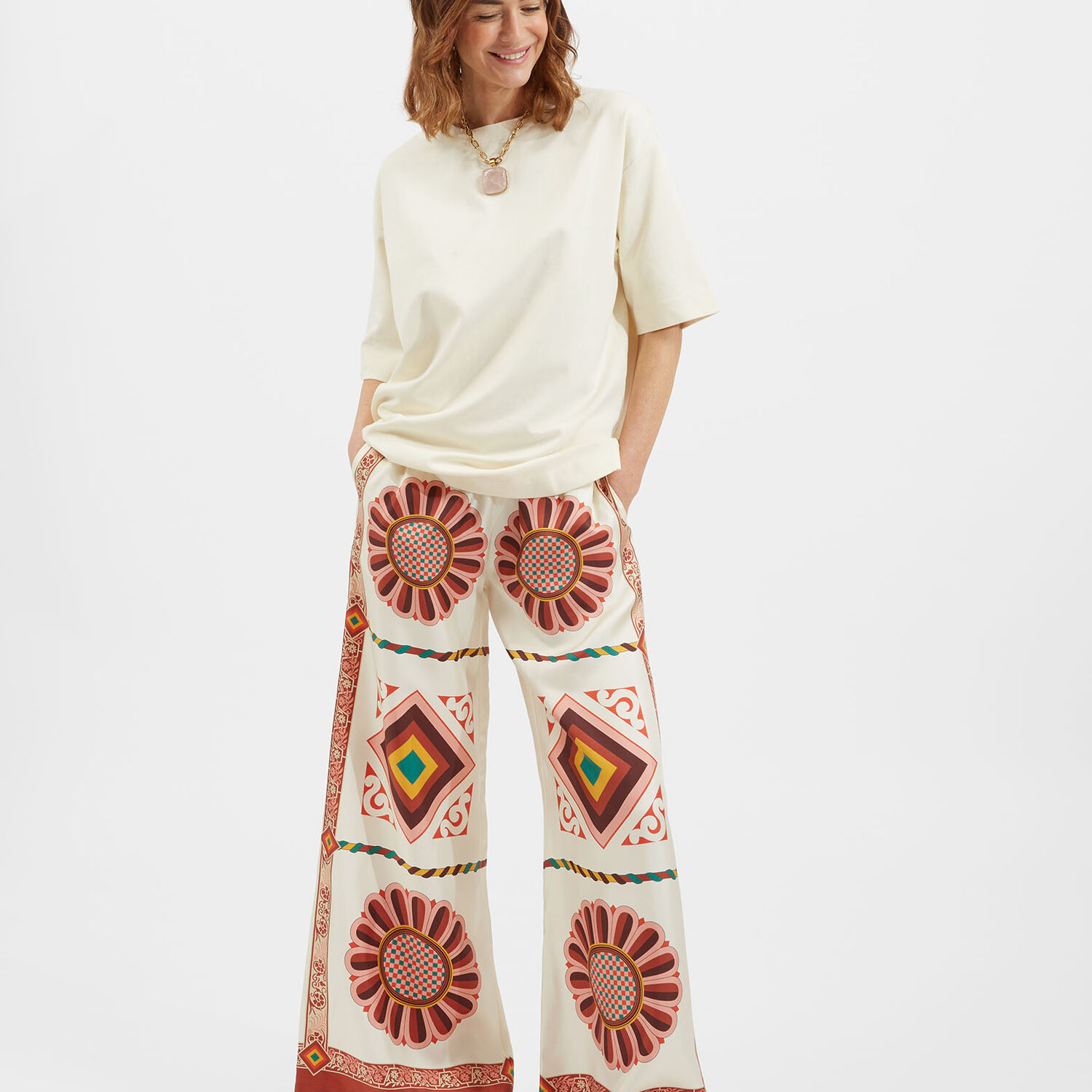 La Doublej Tile-print Silk Palazzo Trousers In Multi