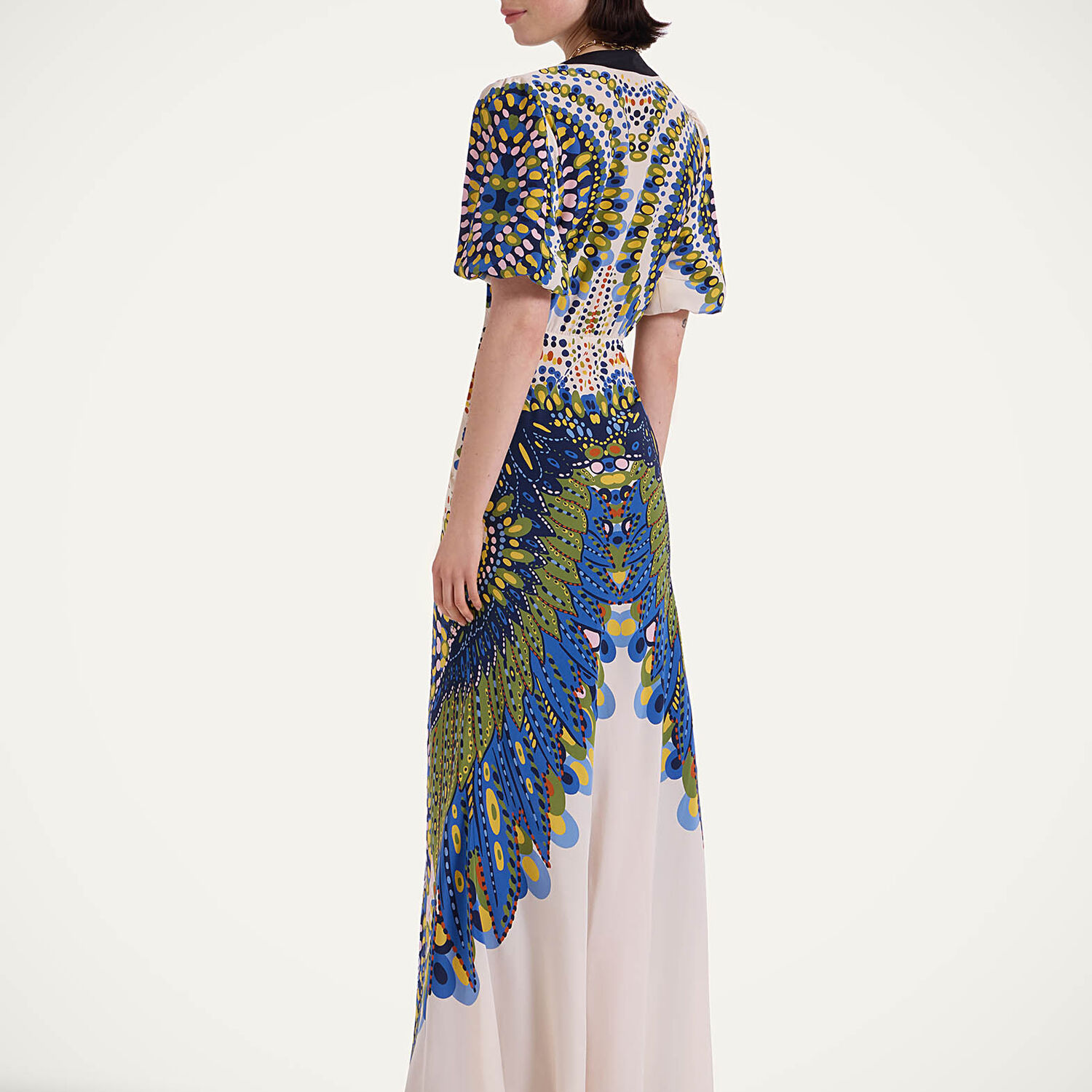 La Doublej Marlene Multicolor Long Flared Dress With V Neck And All-over Graphic Print In Silk Woman In Chakra Placée Multicolor