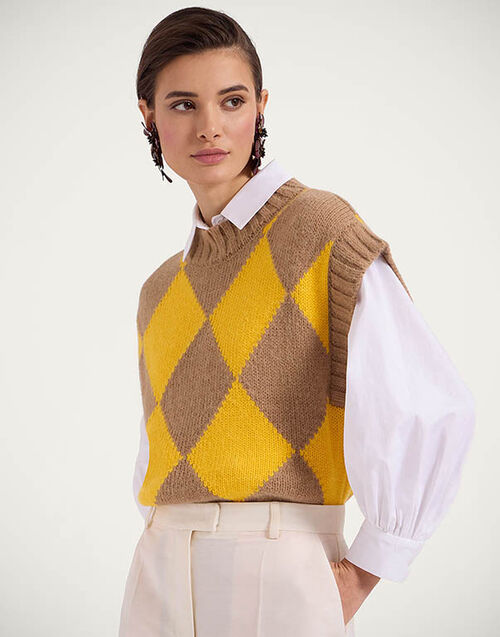 La DoubleJ Argyle Gilet Camel/Yellow TOP0077KNI064VAR0125