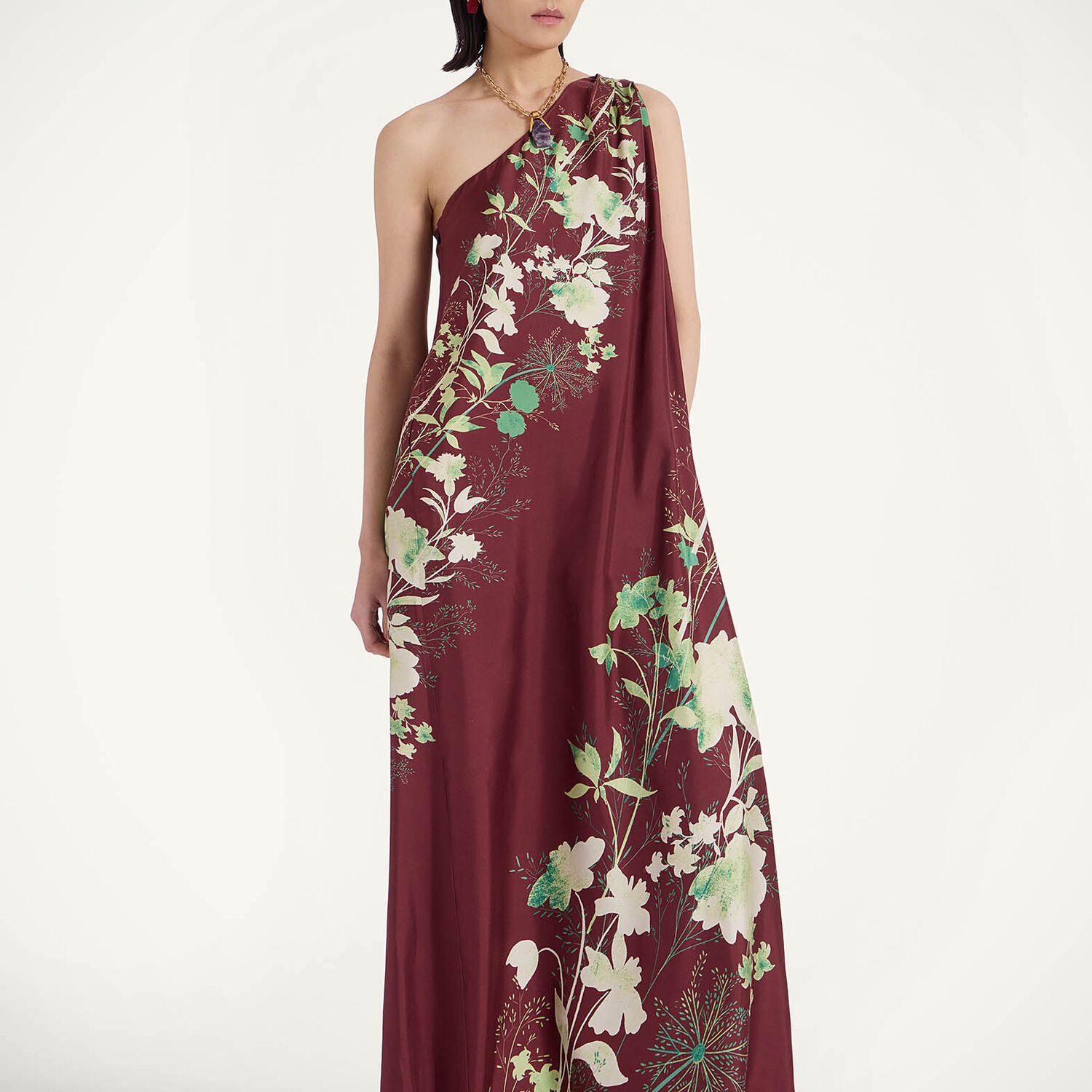La Doublej Roy One-shoulder Floral Silk Maxi Dress In Woodland Placée Burgundy