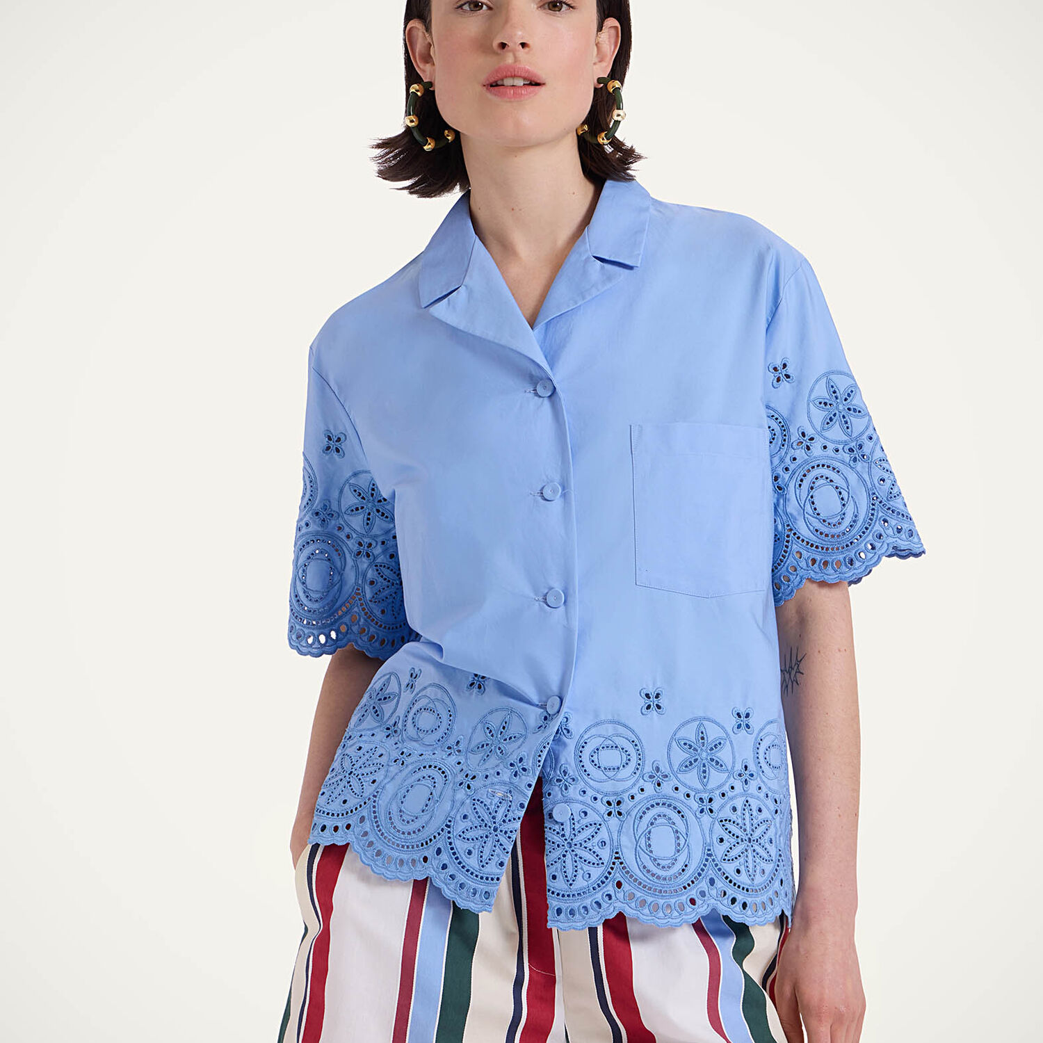 La Doublej Scalloped Broderie Anglaise Cotton-blend Shirt In Eclipse Light Blue