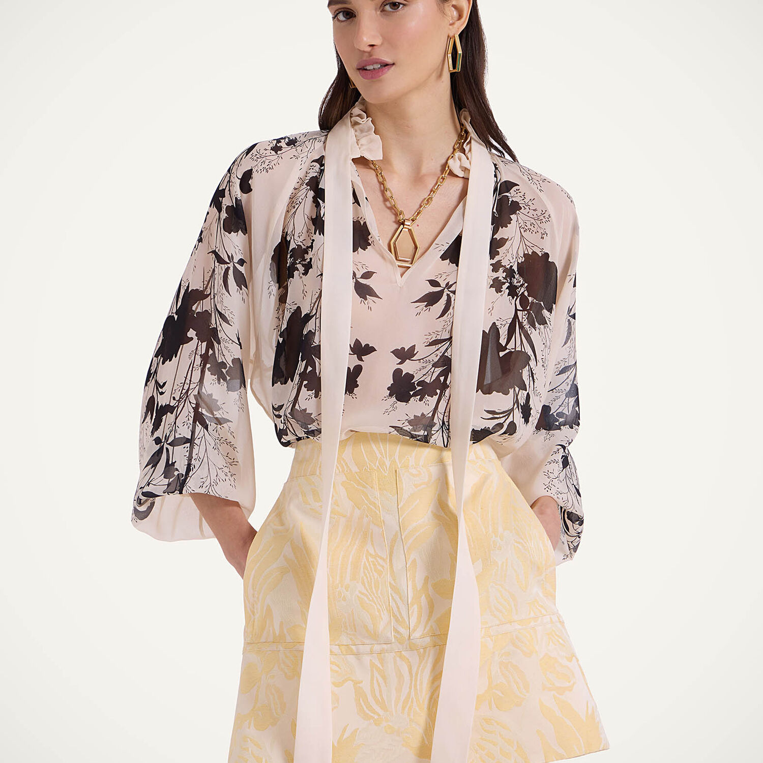 La Doublej Cerere Floral Silk Blouse In Stilo Placée Ivory
