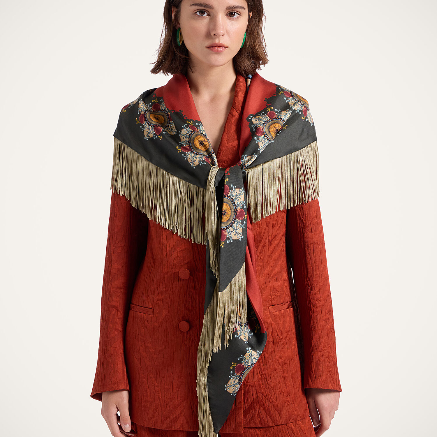 La Doublej Fringe Triangle Scarf In Brown