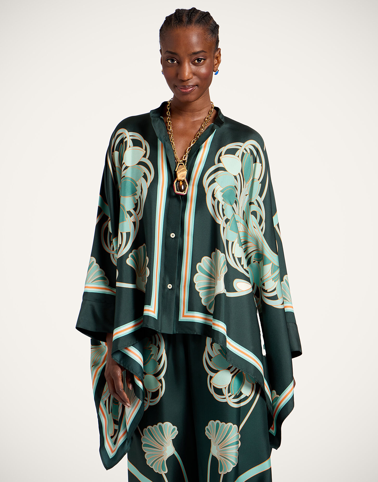 La DoubleJ Foulard Shirt Blooming Tulip Plac&eacute;e Dark Green SHI0059SIL001BTU01GR03