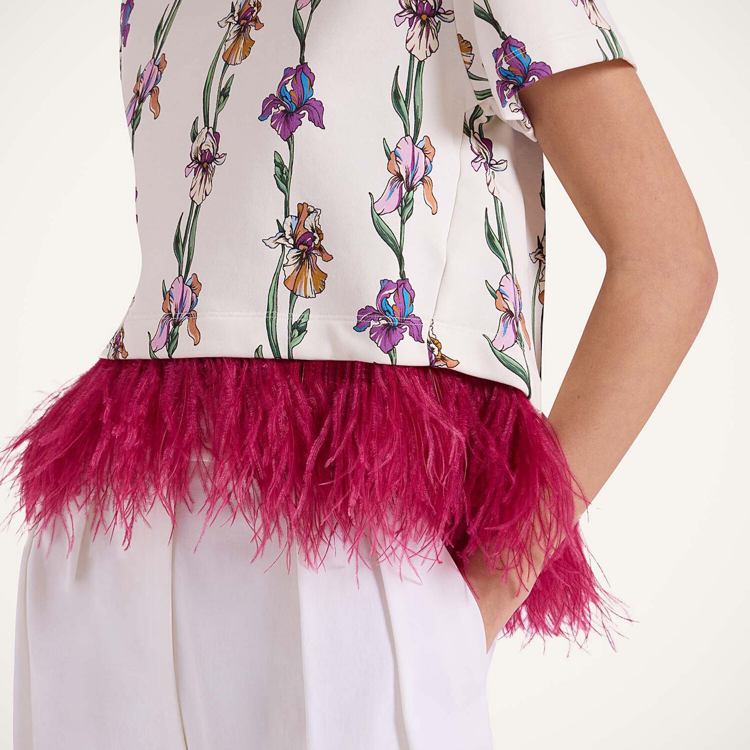 La Doublej La Scala Feather-trimmed Cotton Top In Mini Iris Ivory