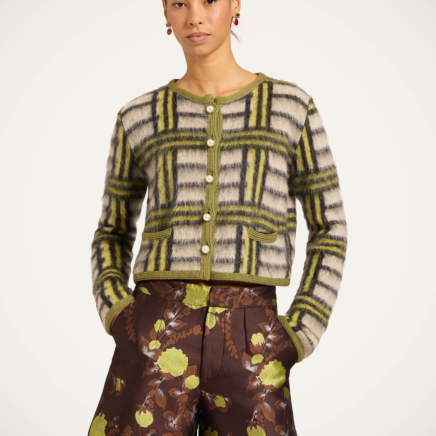 La Doublej Check Cardigan In Kells Check Ecru, Light Green, And Black