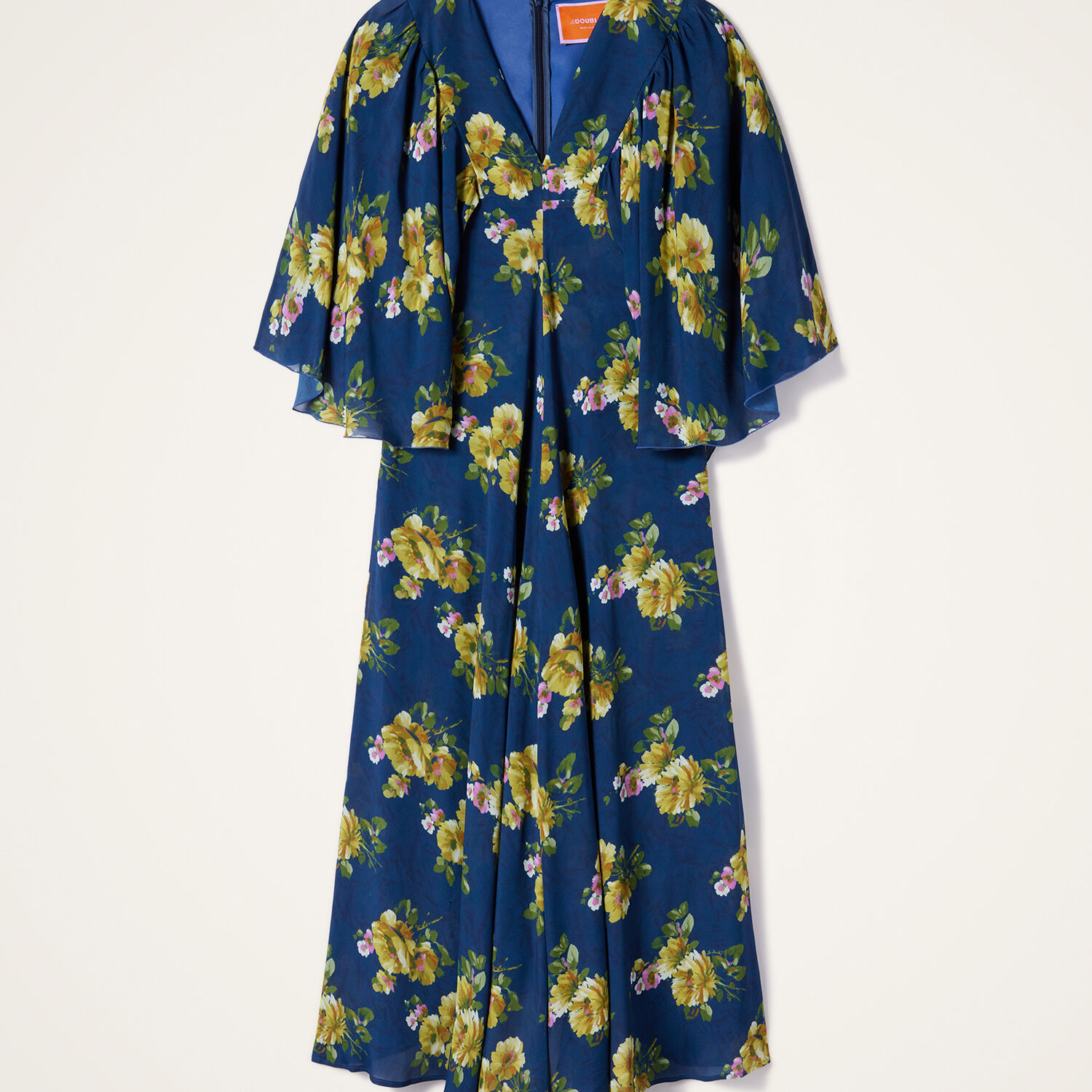 La Doublej Floral-print Cape-sleeve Maxi Dress In Blue