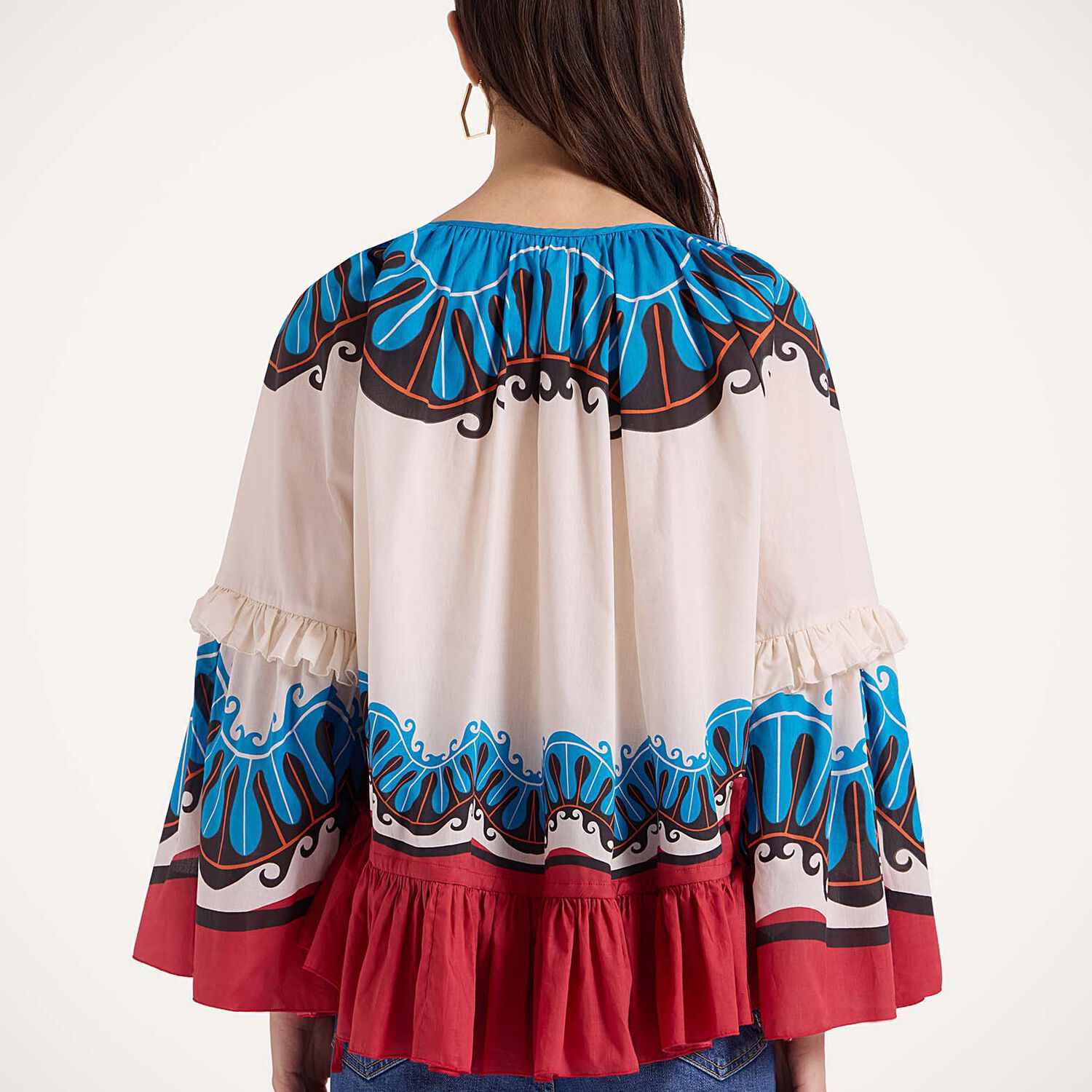 La Doublej Boho Tie-detailed Printed Cotton Peplum Blouse In Pacific Placée Blue Petrol