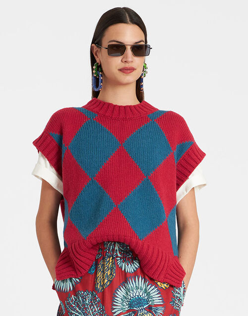 La DoubleJ Argyle Gilet Red & Blue PUL0135KNI064VA183RE01