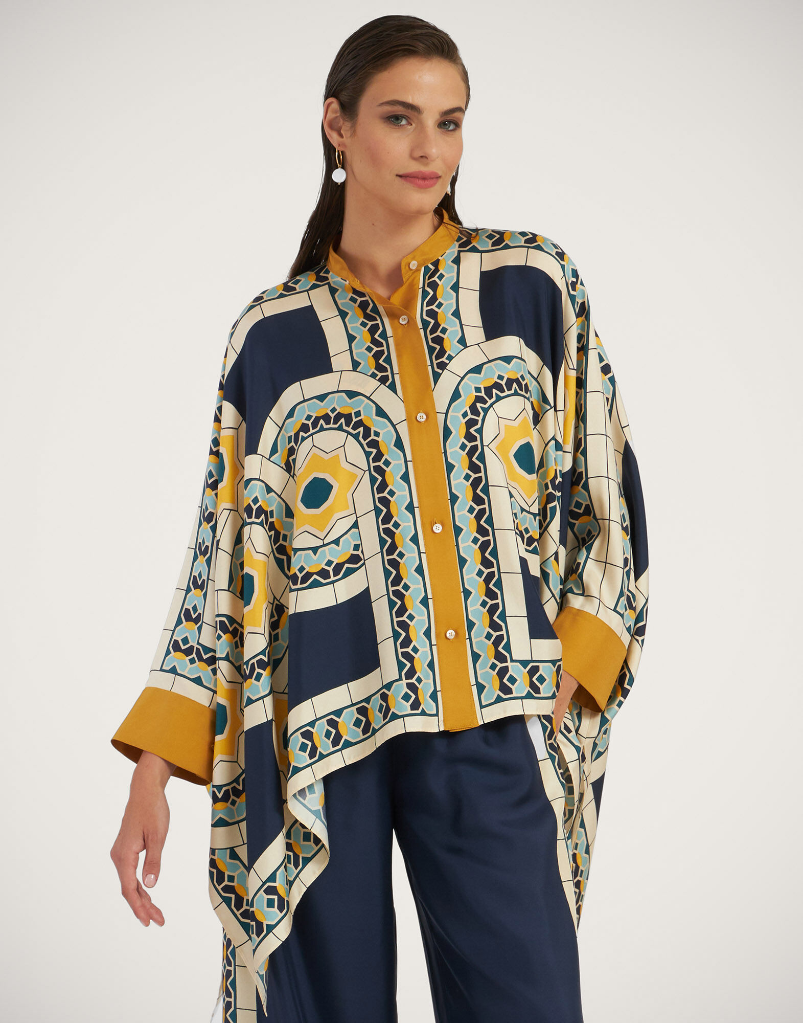 La DoubleJ Foulard Shirt Mudejar Plac&eacute;e Blue SHI0059SIL006MUD01BU03