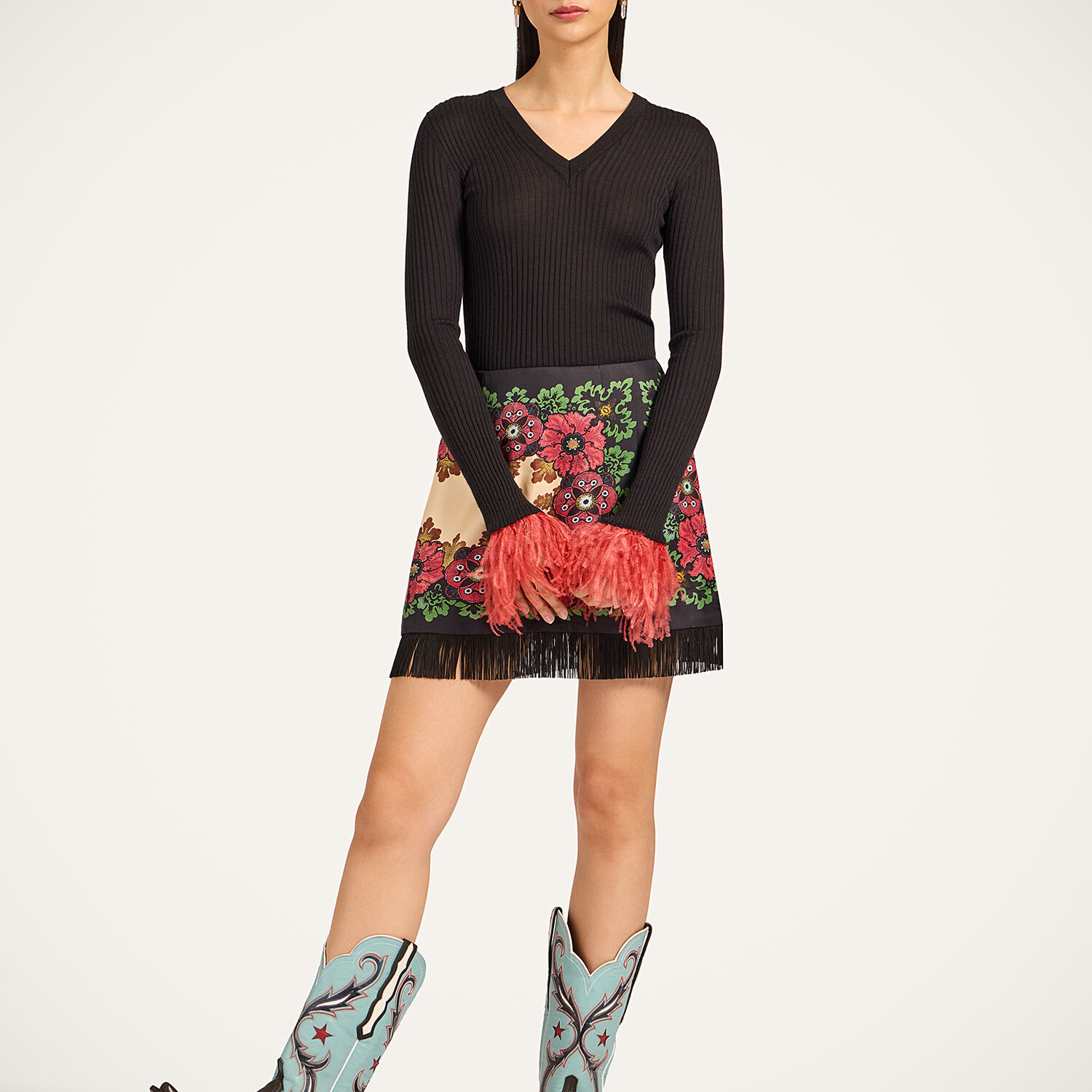  La Doublej Knitwear Women - V-neck High Kick Top Solid Black L 68%cashmere 30%silk 2%ostrich Feathers 