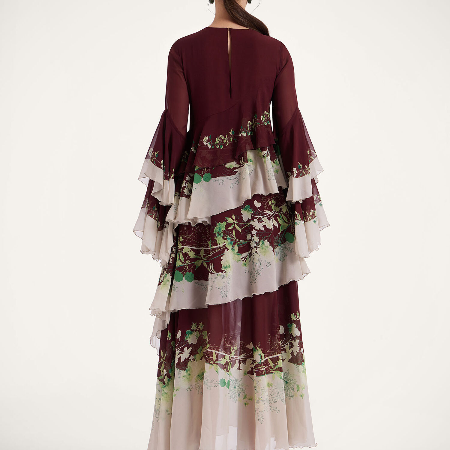La Doublej Naiad Floral Tiered Long Cascading Dress In Woodland Placée Burgundy