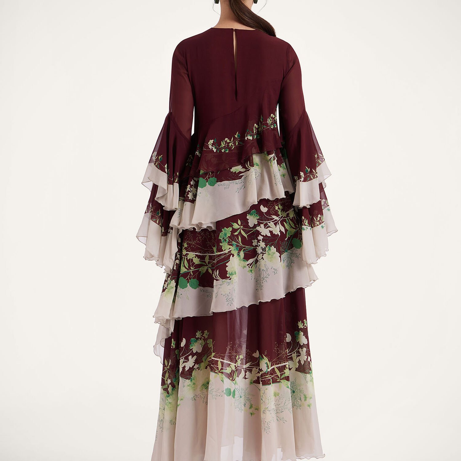 La Doublej Naiad Floral Tiered Long Cascading Dress In Woodland Placée Burgundy