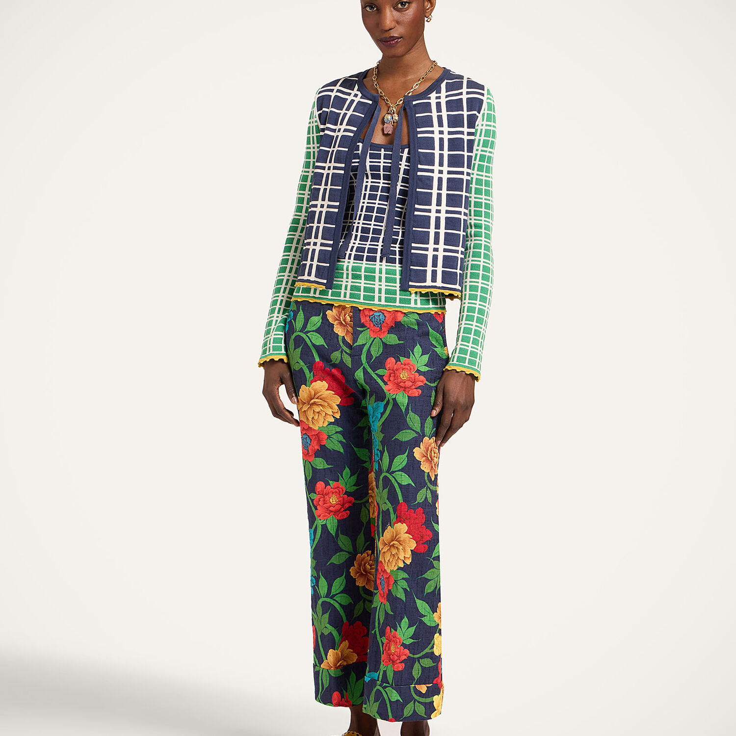  La Doublej Knitwear Women - Check Me Cardigan Multicolor Navy Blue & Green L 50% Cotton 35% Viscose 15% Polyester 