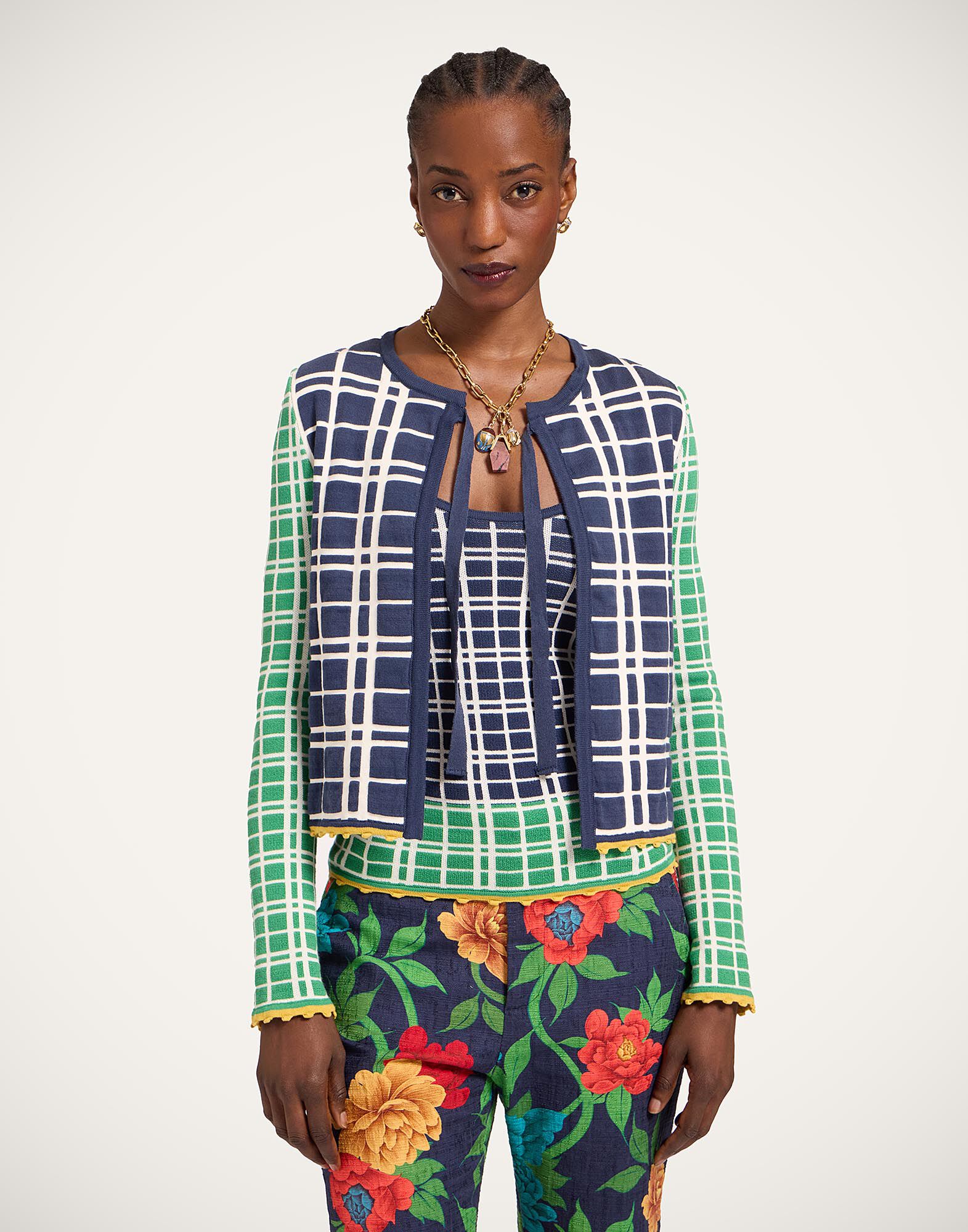 La DoubleJ Check Me Cardigan Multicolor Navy Blue & Green PUL0354KNI202VA477BU03