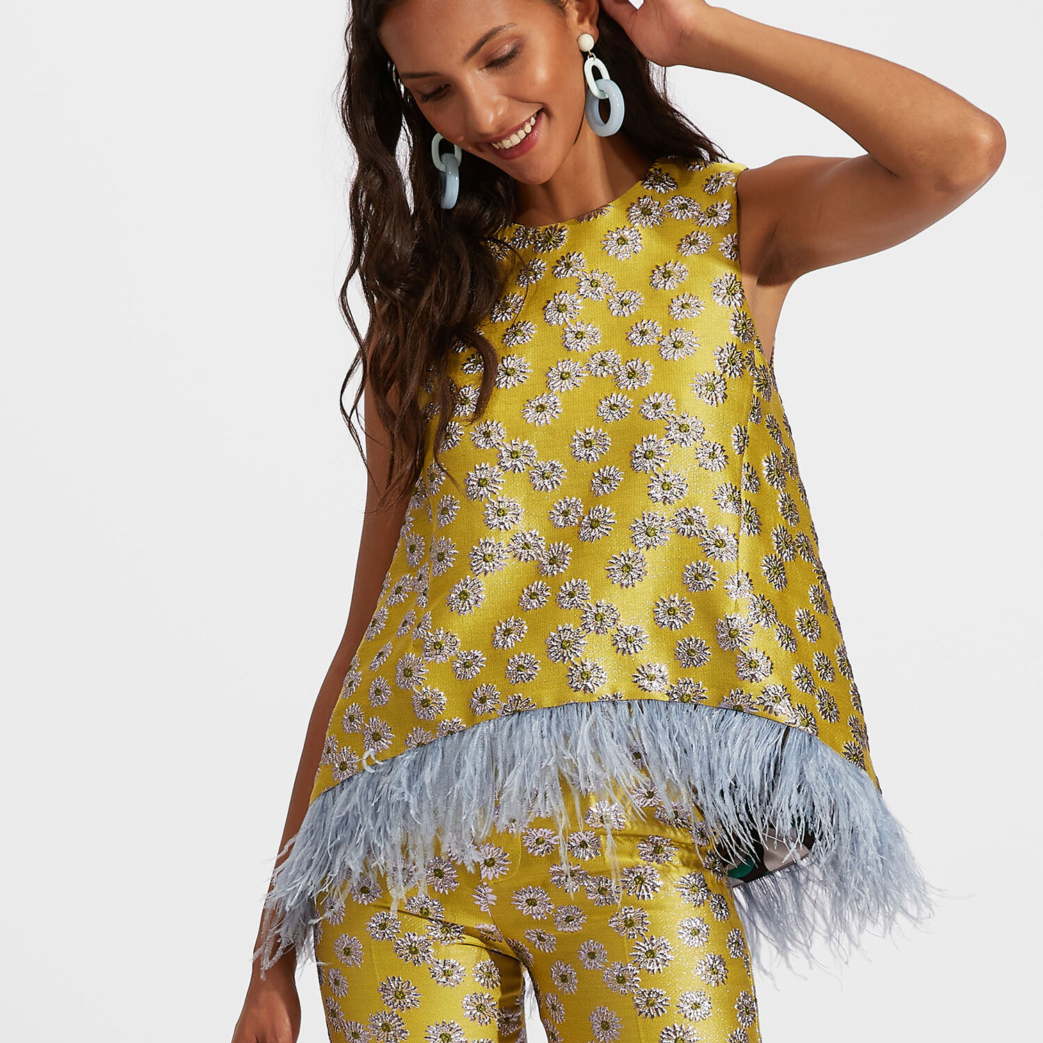 La Doublej La Scala Metallic Feather-trimmed Brocade Top In Margarita