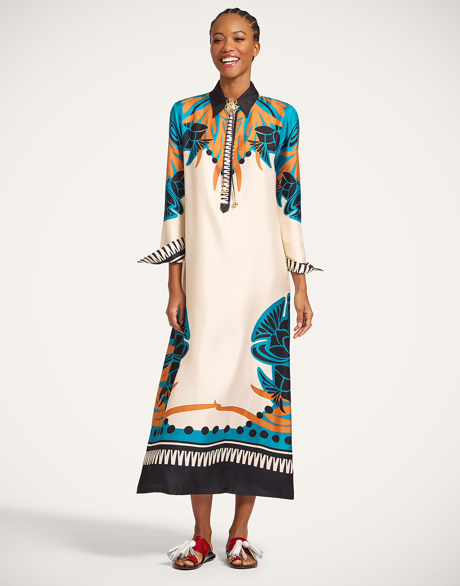 La DoubleJ Chemise Swing Dress Florence Plac&eacute;e Ivory DRE1090SIL006FLO02WH04