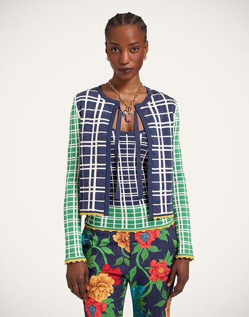 La DoubleJ Check Me Cardigan Multicolor Navy Blue & Green PUL0354KNI202VA477BU03