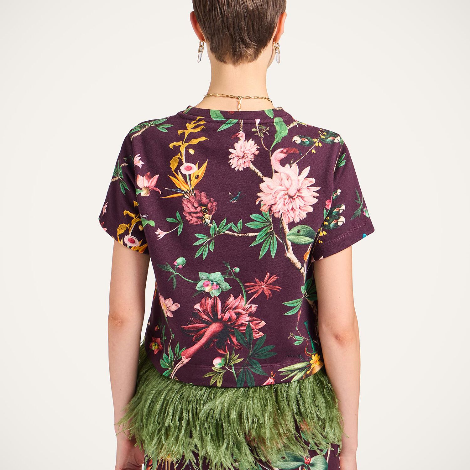  La Doublej T-shirts & Sweatshirts Gend - La Scala Tee Zooflora Burgundy M 98% Cotton 2% Ostrich Feathers 