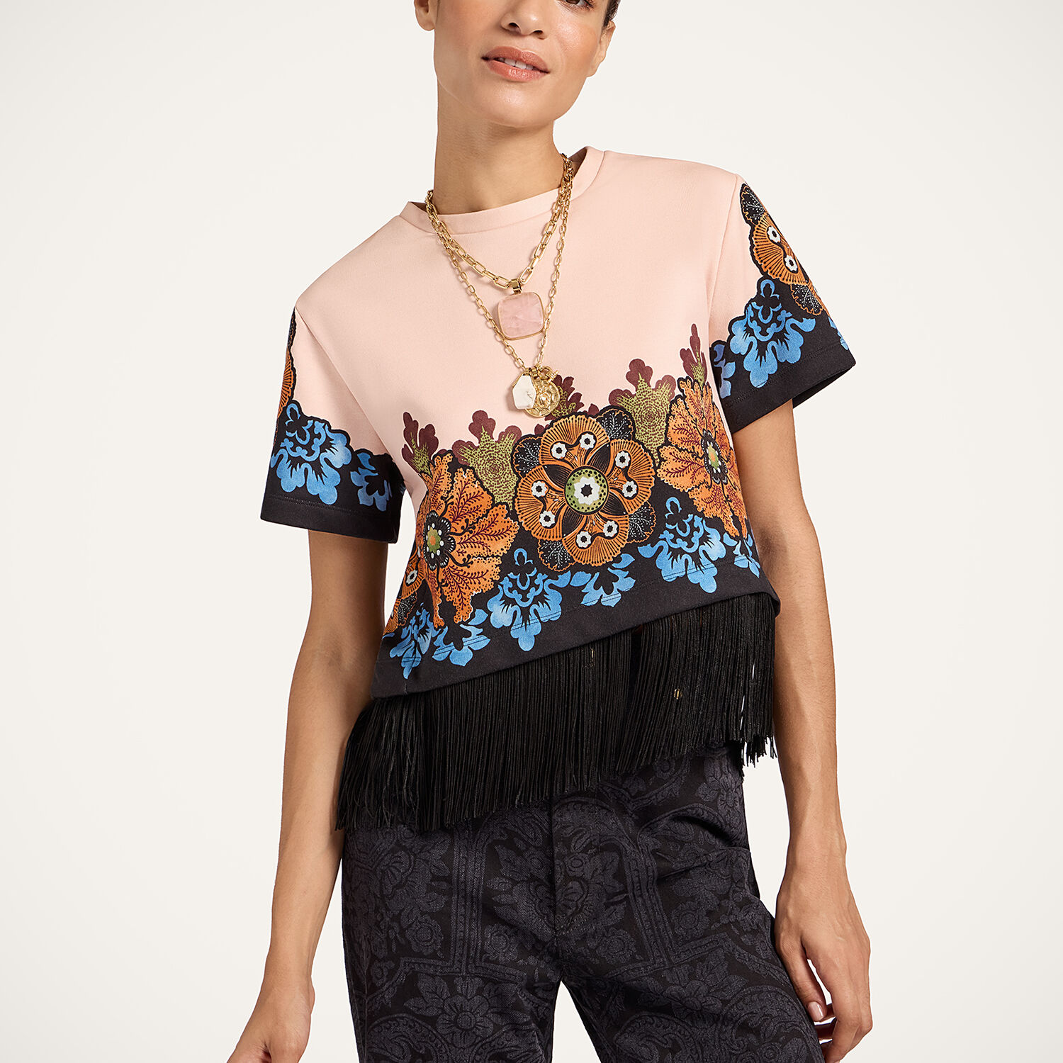 La Doublej Floral-print Fringe T-shirt In Neutral
