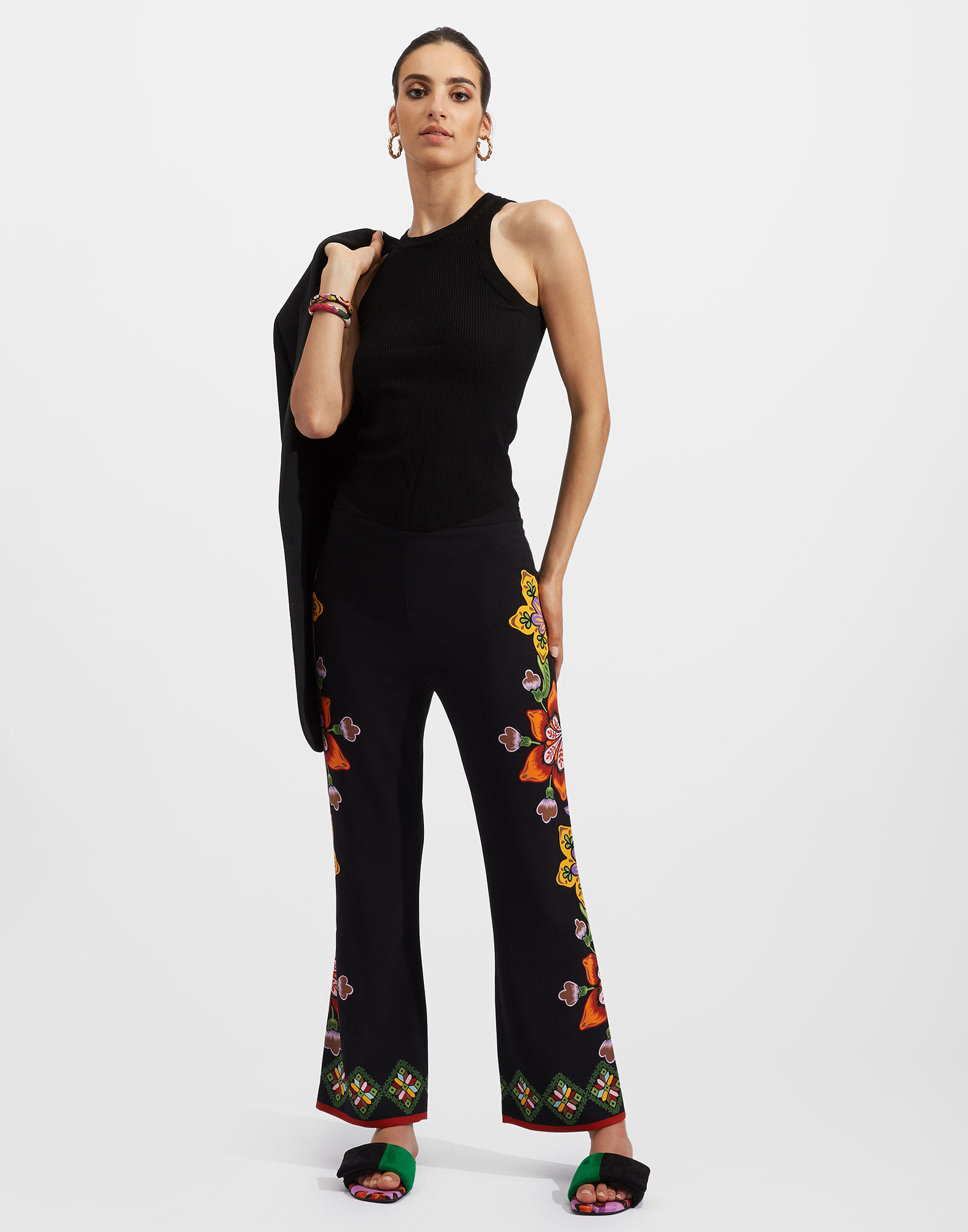 Stretch Pants in Folk Flowers Nero Placée for Women | La DoubleJ