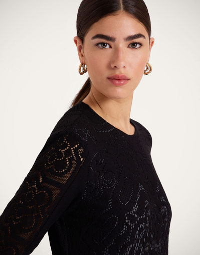 black lace swing dress Lace High Neck Gauze Swing Dress - Black