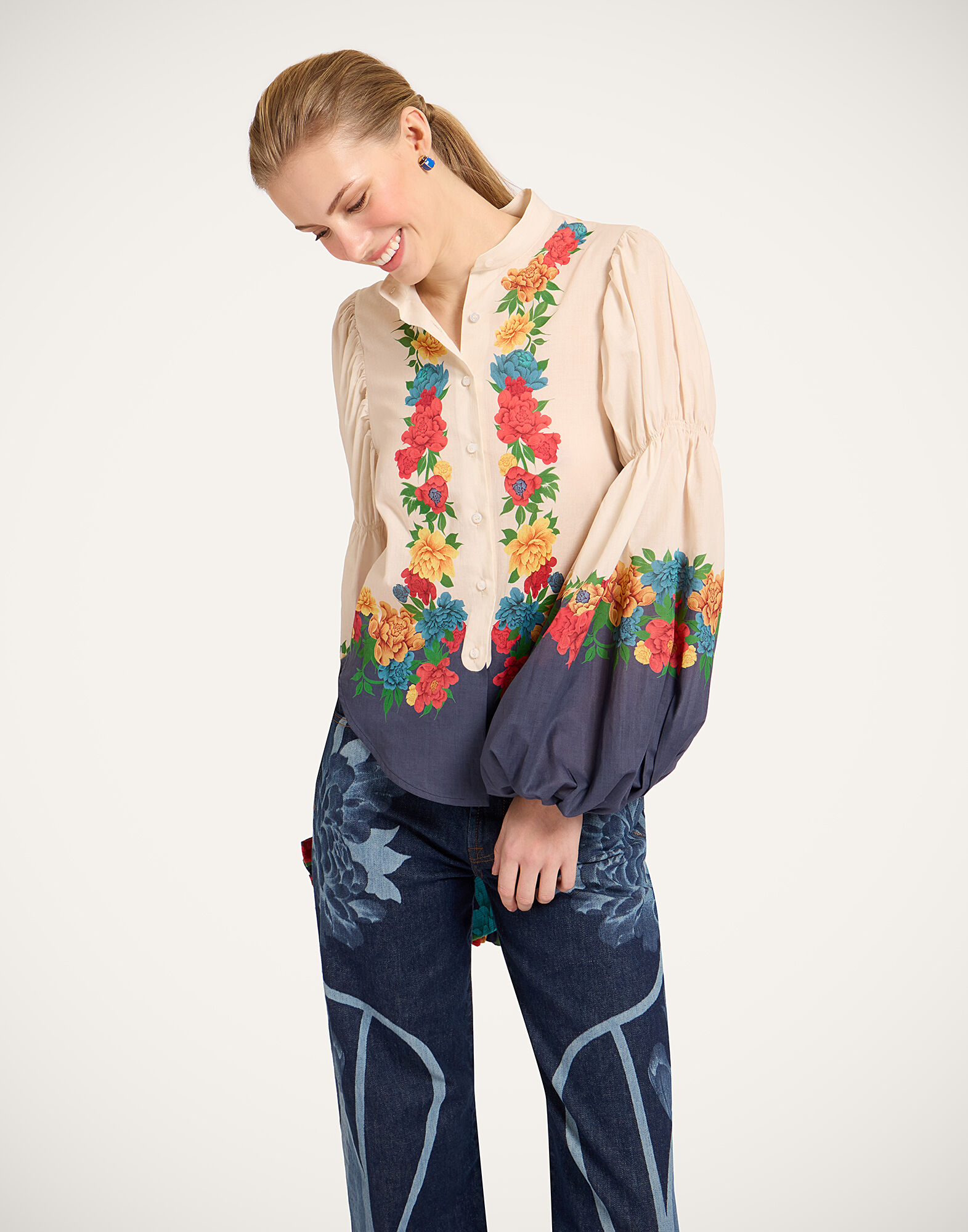 La DoubleJ Pina Shirt Princess Peony Plac&eacute;e Ivory SHI0166COT093PPE02WH04