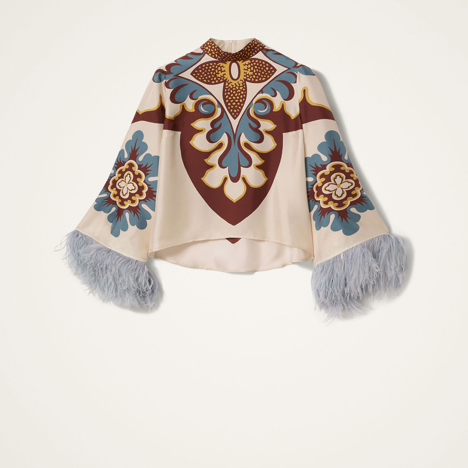 La Doublej Make An Exit Feather-trimmed Silk Top In White