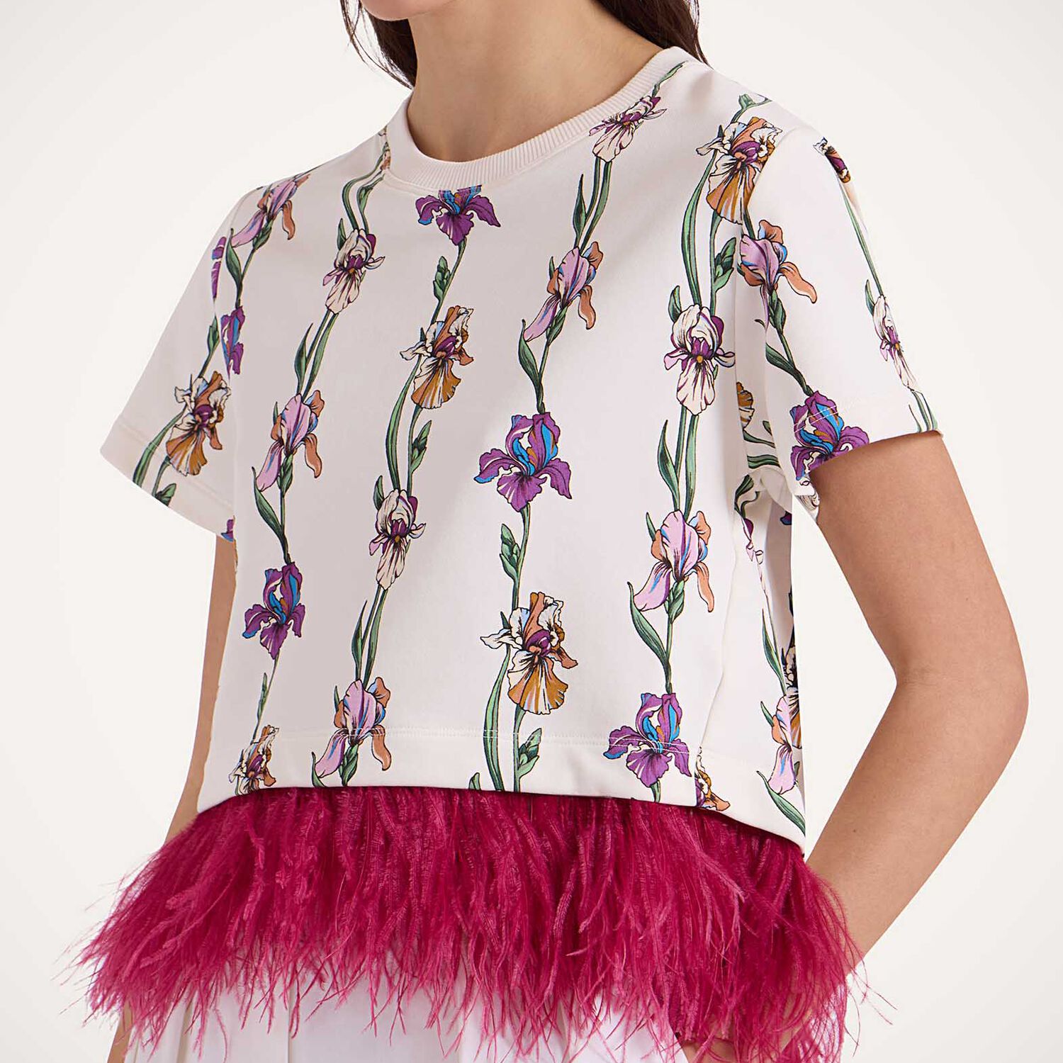 La Doublej La Scala Feather-trimmed Cotton Top In Mini Iris Ivory