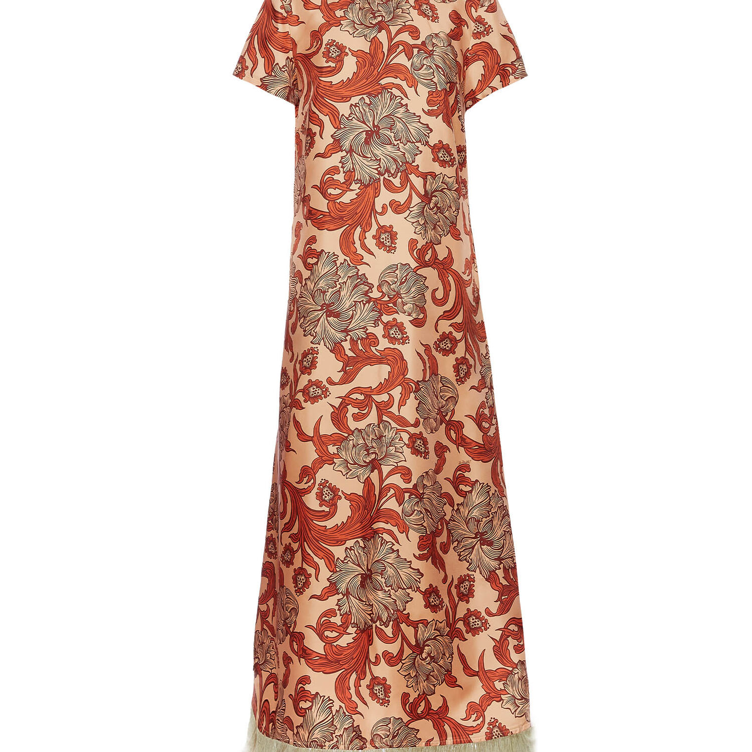La Doublej Swing Feather-trimmed Printed Silk-twill Maxi Dress In Reef Pale Pink