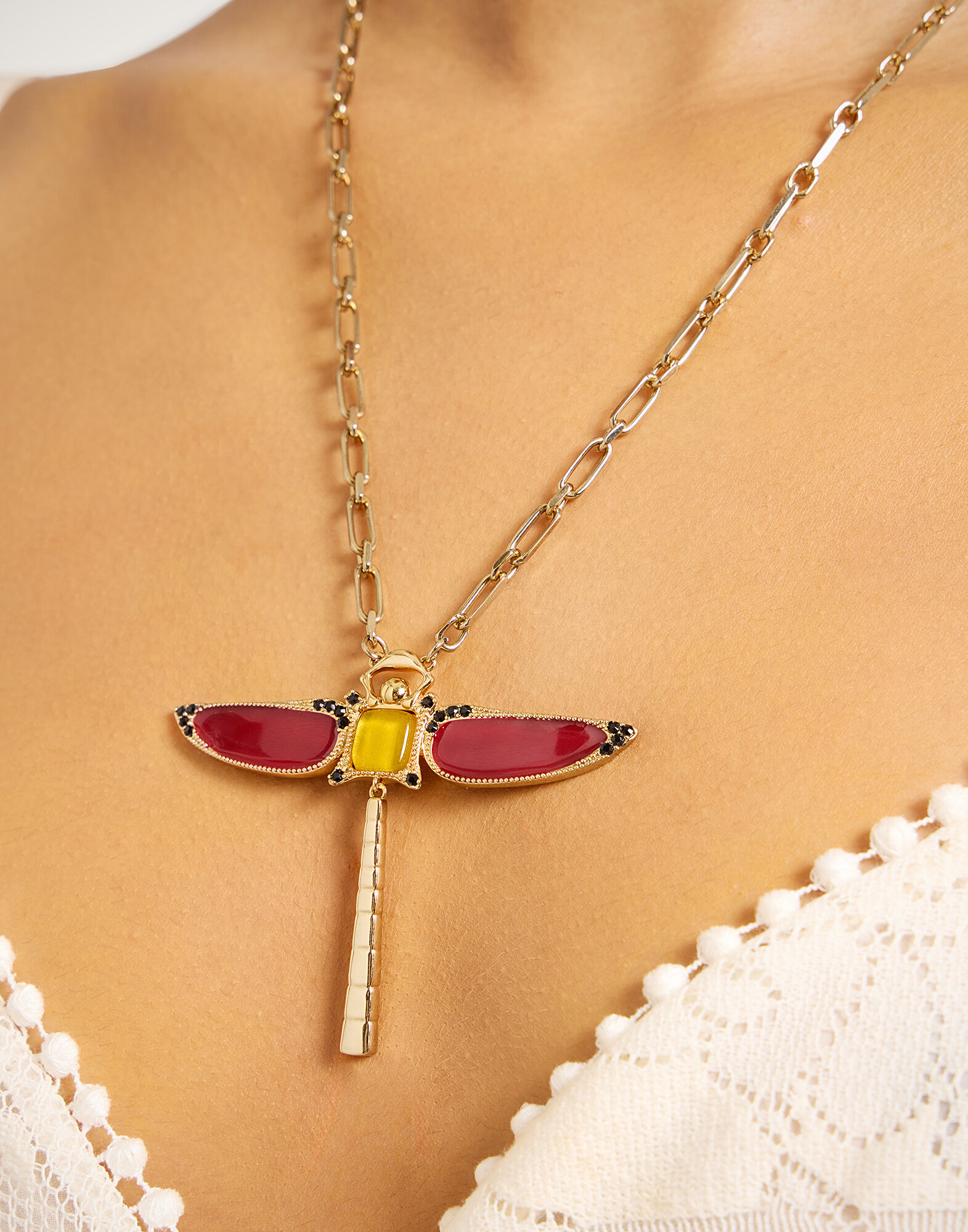La DoubleJ Dragonfly Necklace Enameled 24K Gold Plate And Yellow Agate NEC0065BRA008AGA03RE07