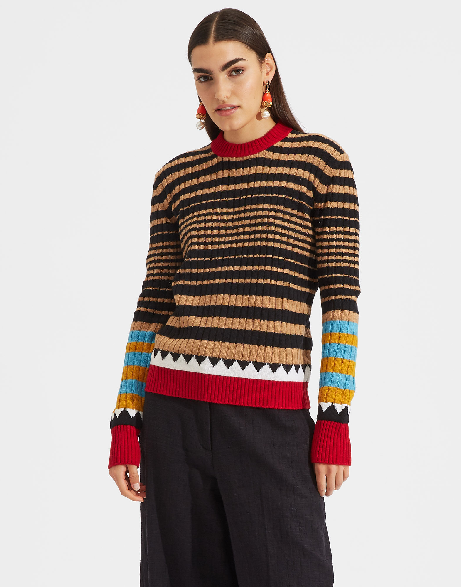 LaDoubleJ Striped Crew Neck in Cammello mix Cammello mix PUL0001KNI001RIG0005
