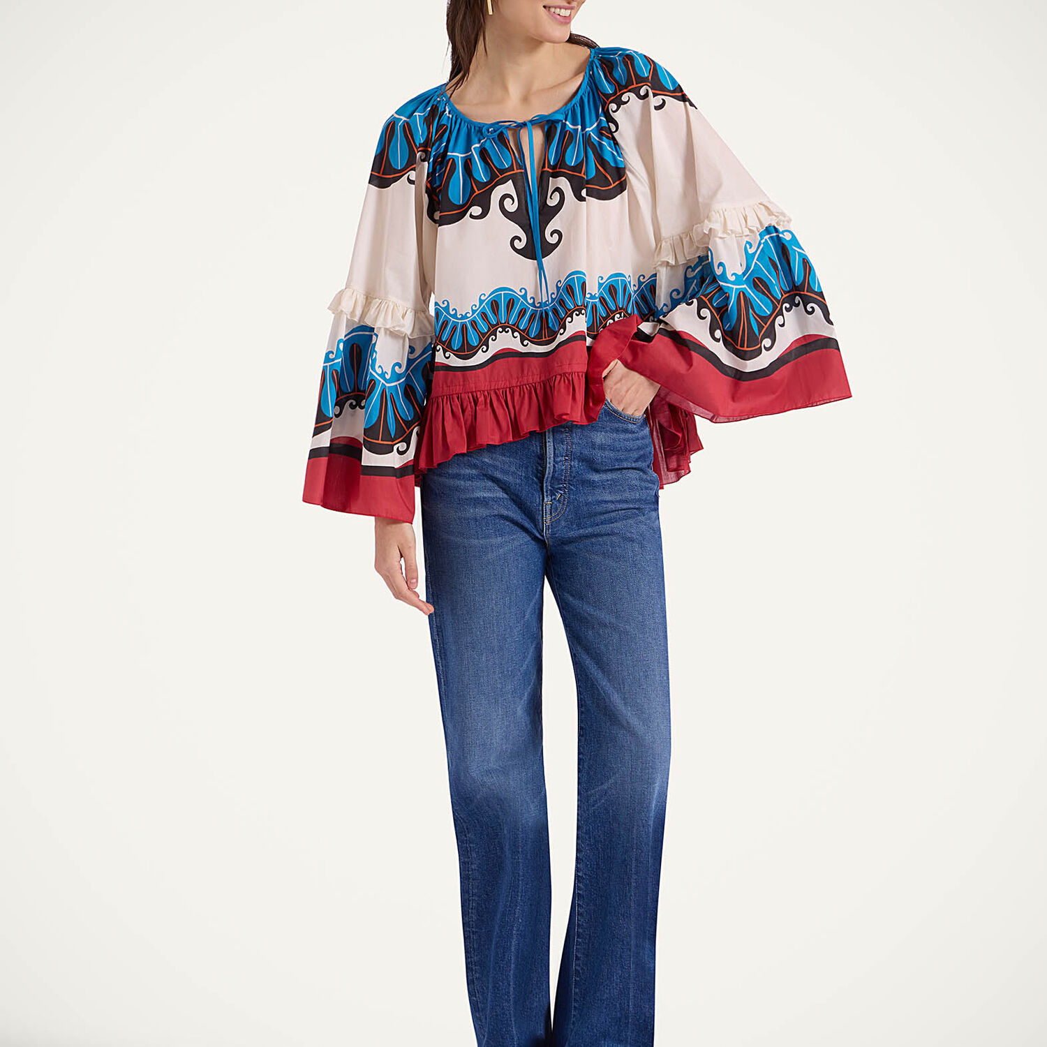 La Doublej Boho Tie-detailed Printed Cotton Peplum Blouse In Pacific Placée Blue Petrol
