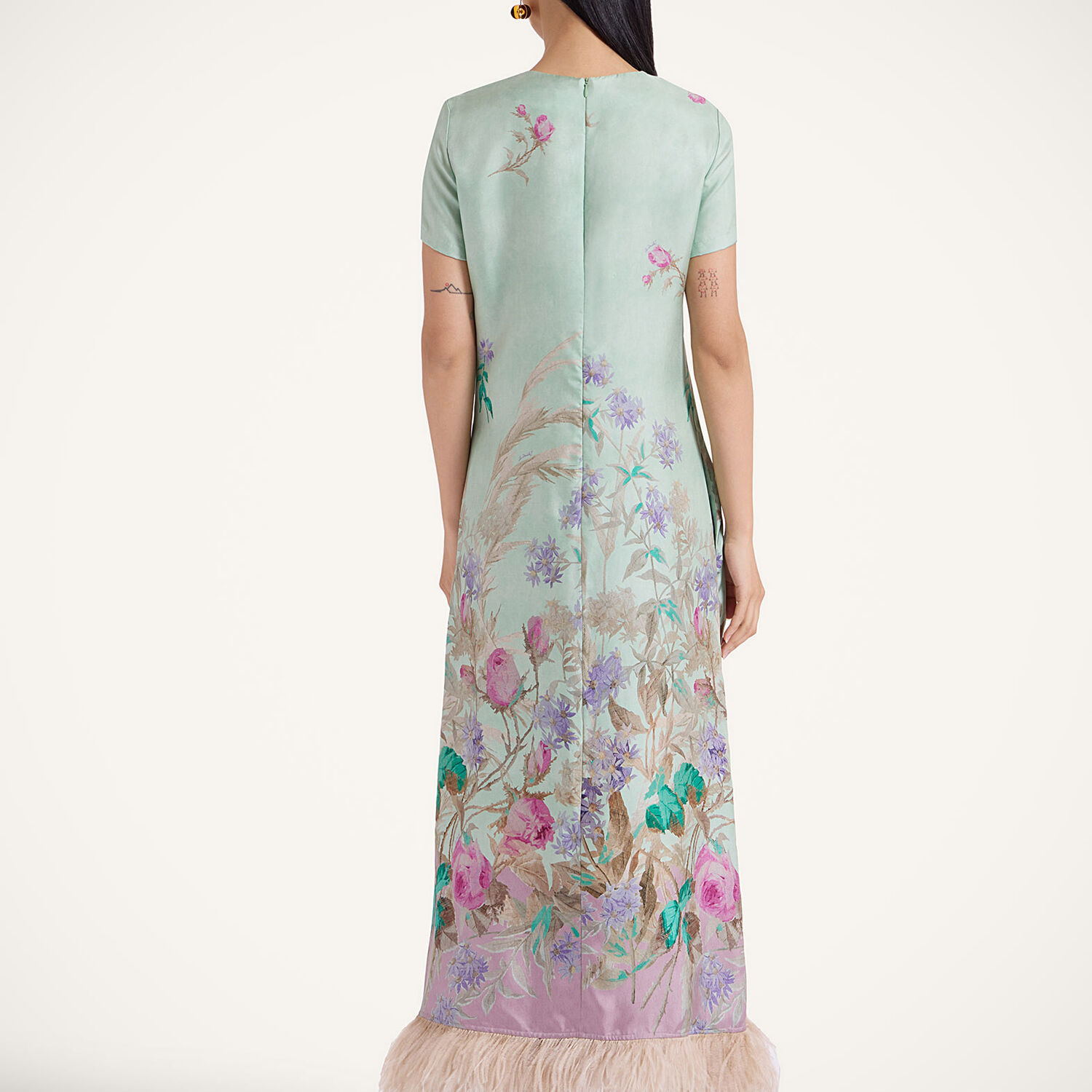 La Doublej Swing Green Midi Dress With Feathered Hem And All-over Floral Print In Silk Woman In Heath Placée Mint