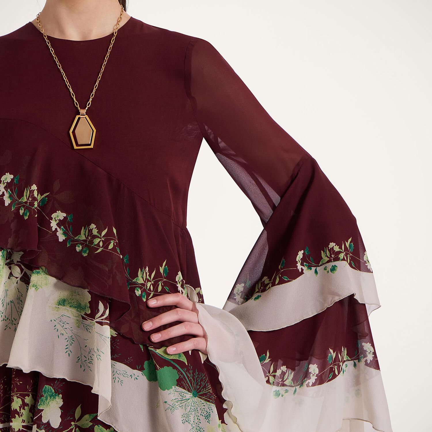 La Doublej Naiad Floral Tiered Long Cascading Dress In Woodland Placée Burgundy