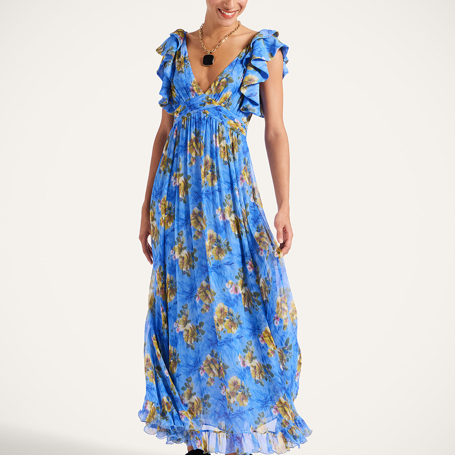 La Doublej Ruffled-details Floral-print Maxi Dress In Blue