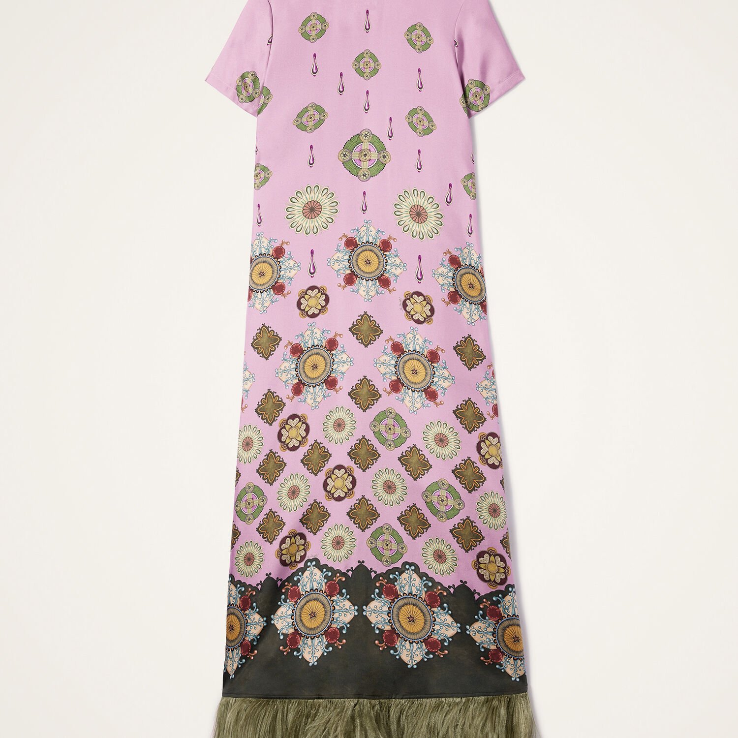 La Doublej Swing Feather-trimmed Printed Silk-twill Maxi Dress In Pink