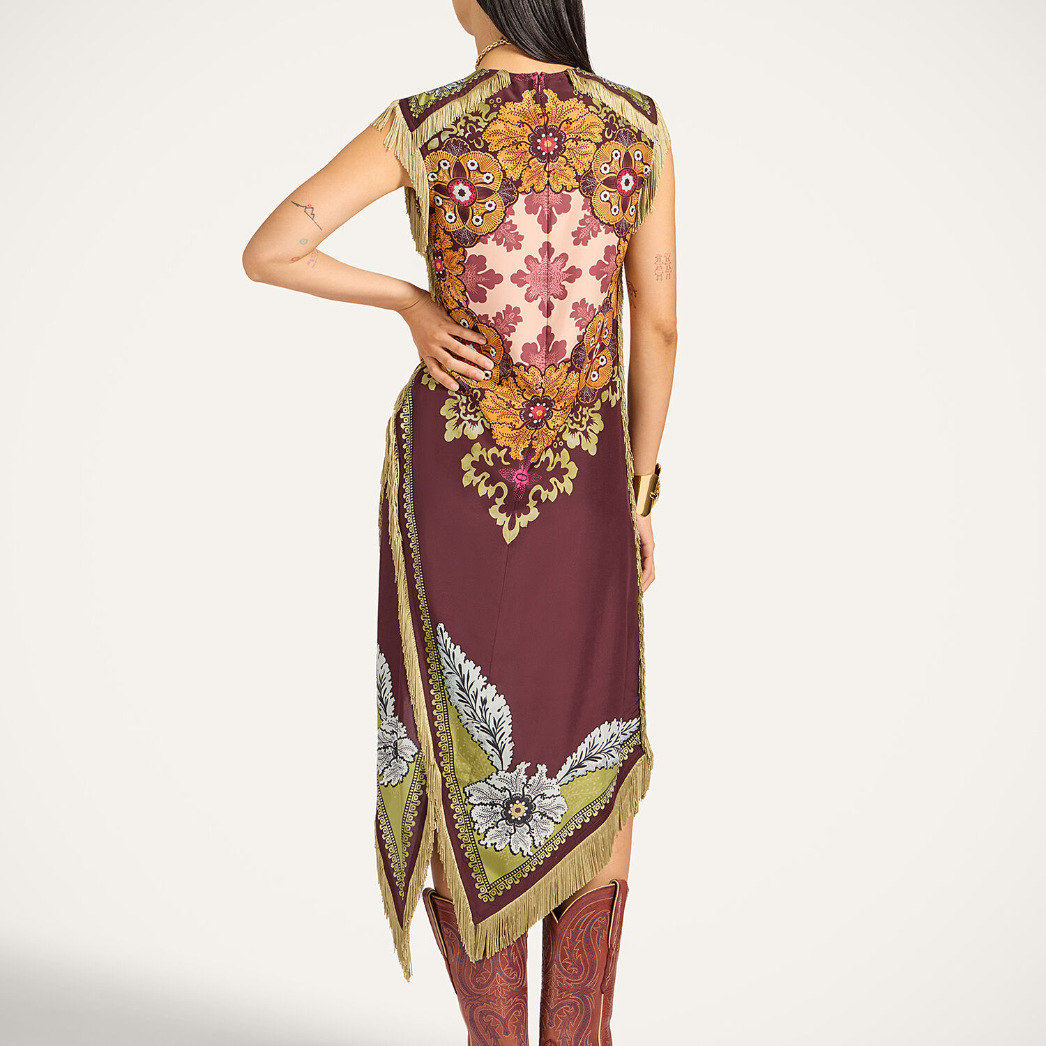 La Doublej Valkyrie Asymmetric Fringed Printed Silk Dress In Multi