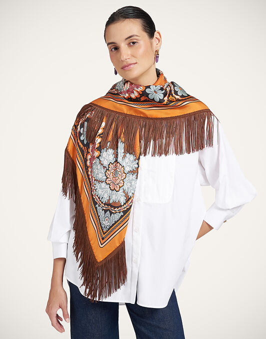 Reversible Fringe Foulard 90 La DoubleJ: Chamberlain Placée Orange SCA0073SIL006