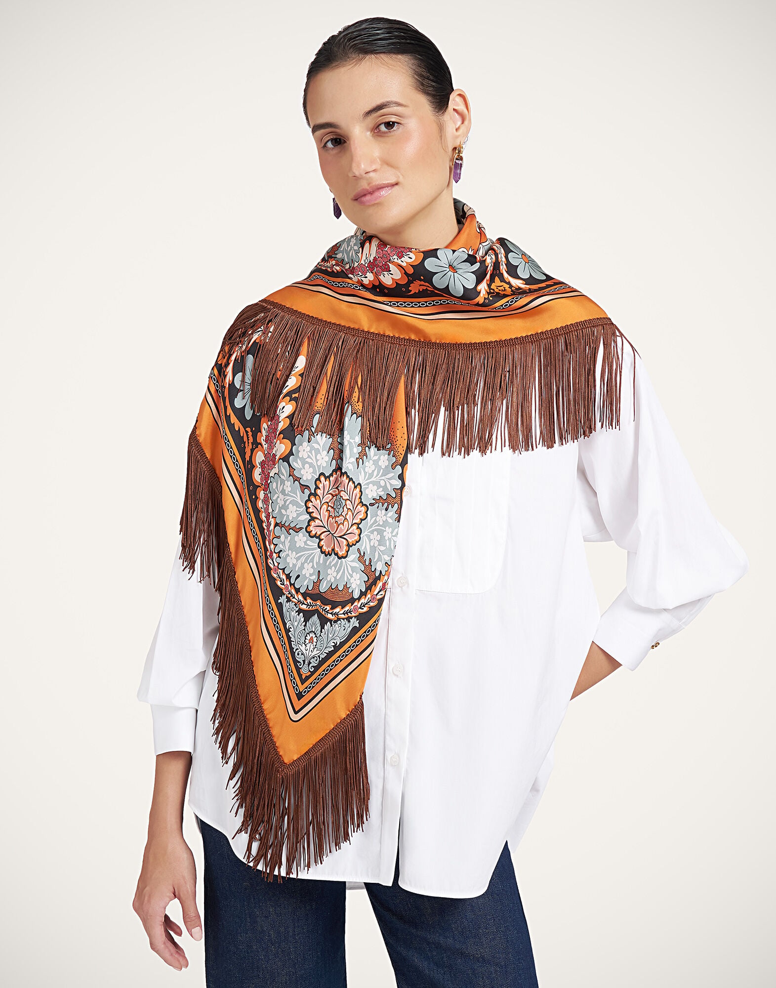 Reversible Fringe Foulard 90 La DoubleJ: Chamberlain Placée Orange SCA0073SIL006