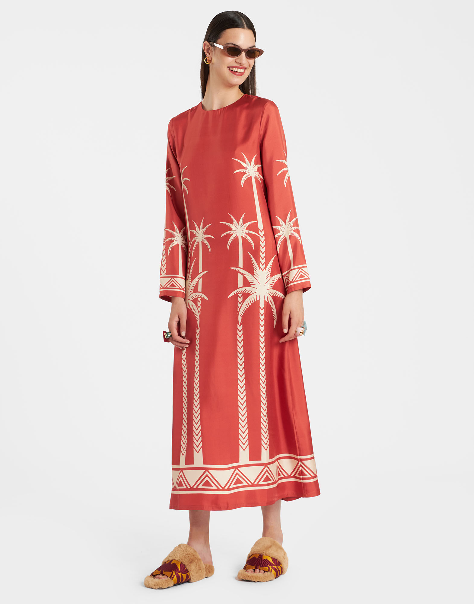 Long Sleeve Swing Dress La DoubleJ: Date Palms Placée Red Long Sleeve Swing Dress La DoubleJ: Date Palms Placée Red DRE0231SIL006