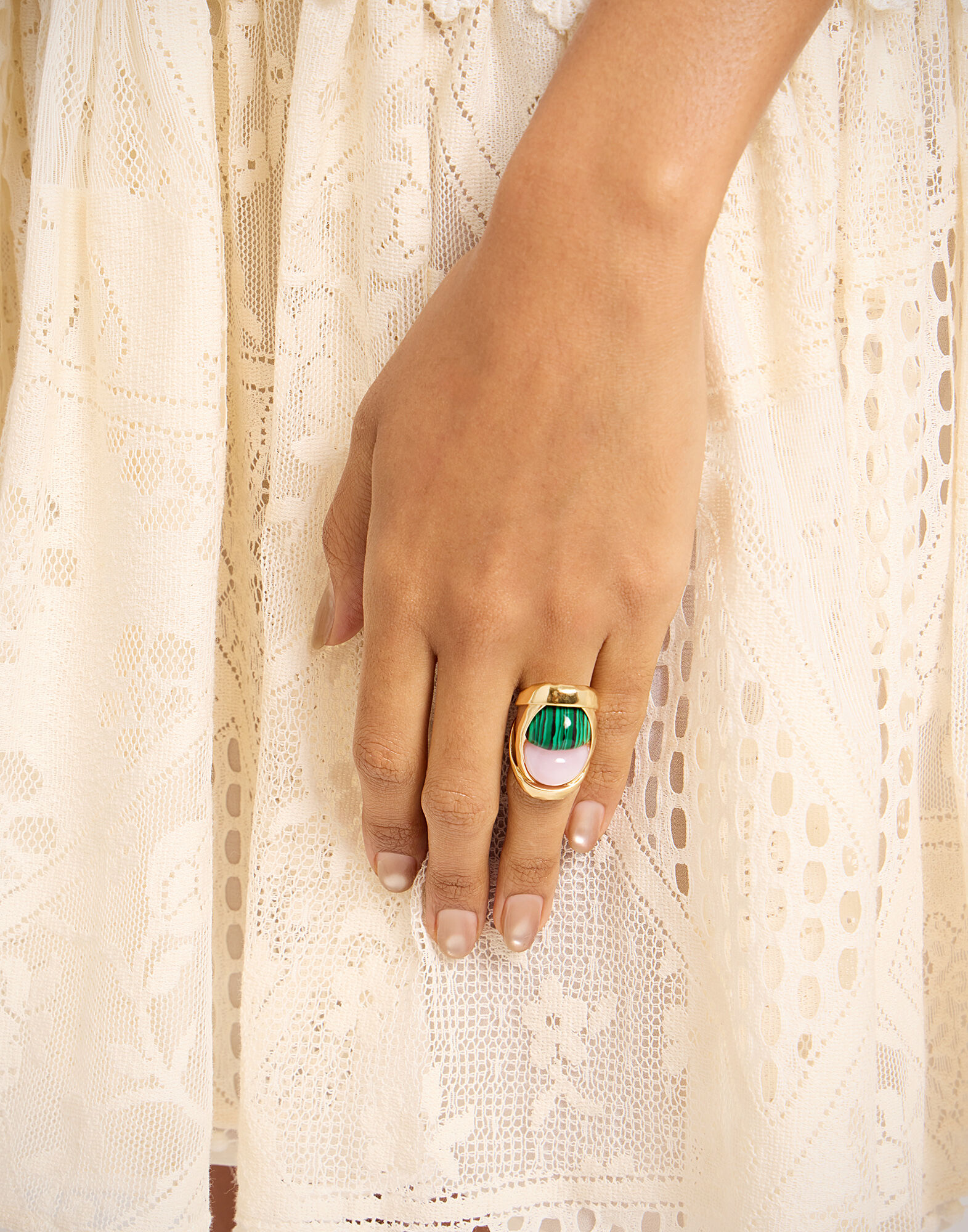 Spells Ring La DoubleJ: 24K Gold Plate, Malachite, And Pink Quartz RIN0019BRA003