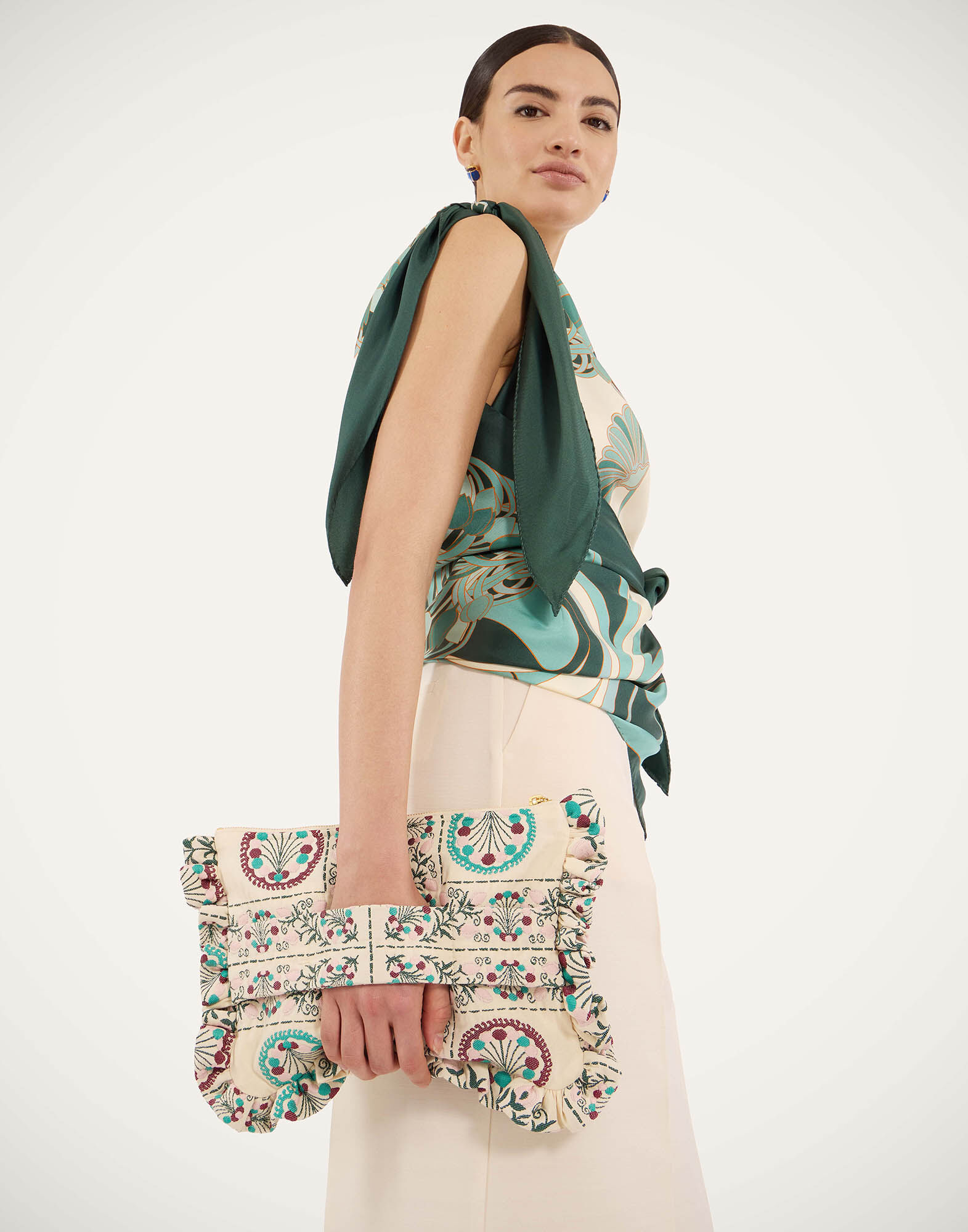 Hand Pochette La DoubleJ: Florette Tiles Ecru Hand Pochette La DoubleJ: Florette Tiles Ecru BAG0059JCQ137