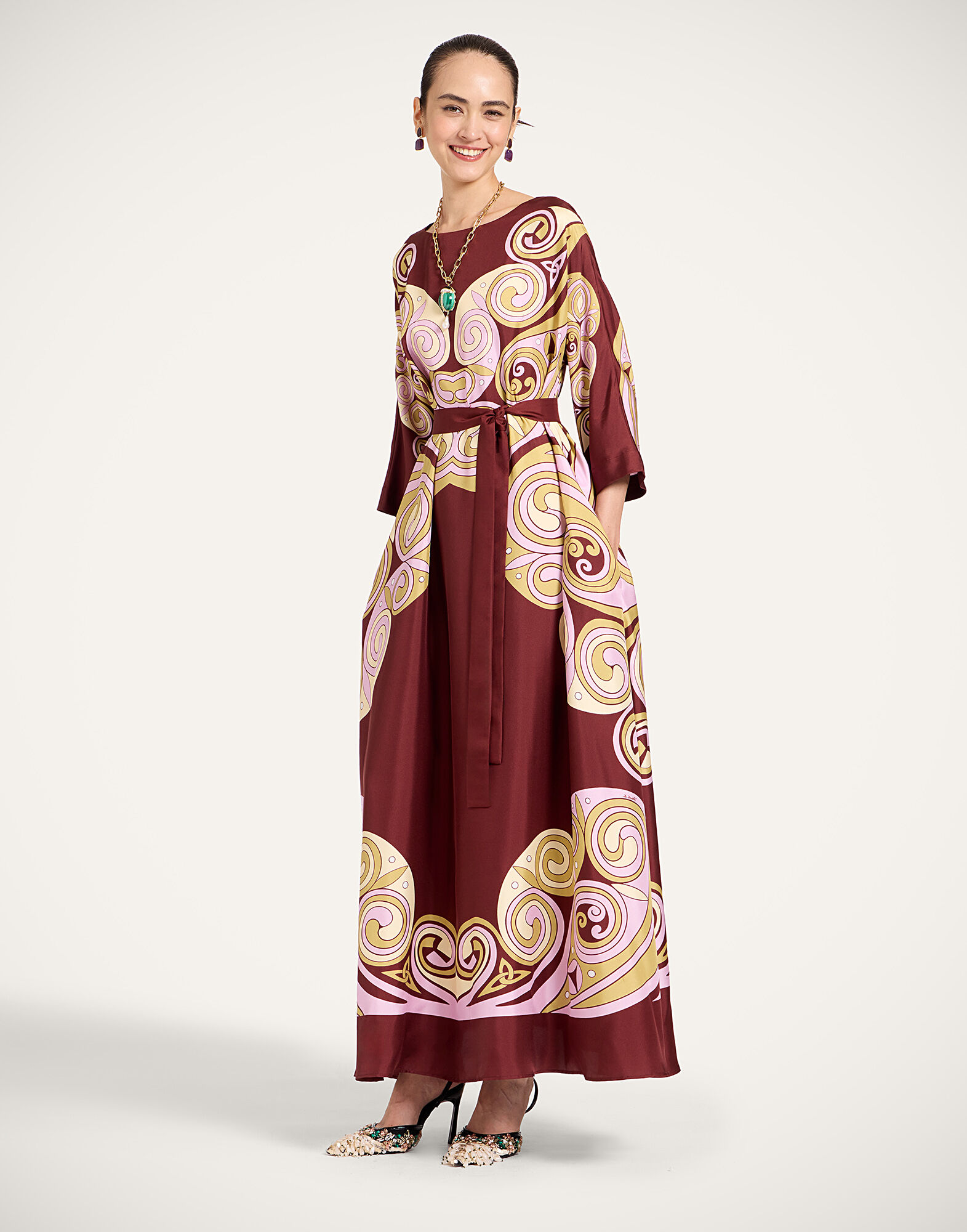 Muumuu Dress Round Neck La DoubleJ: Kells Swirl Placée Burgundy DRE0574SIL006