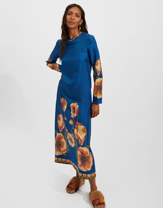 Long Sleeve Swing Dress La DoubleJ: Poppies Blue Placée DRE0231SIL006