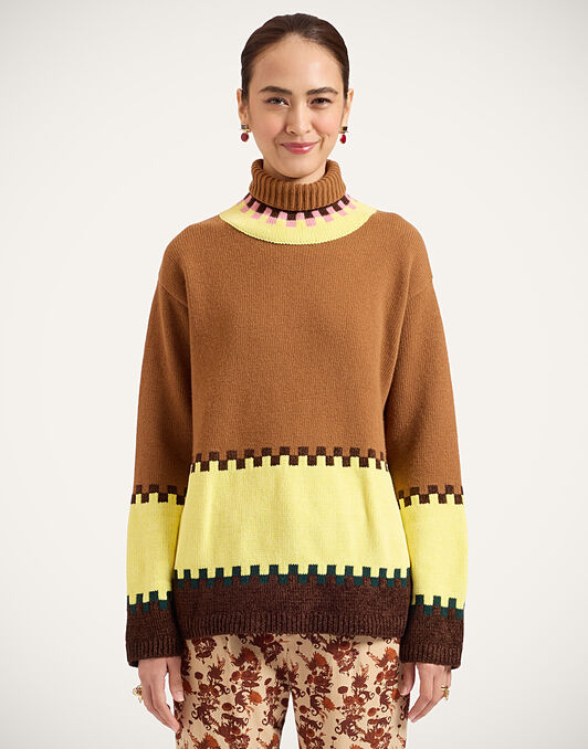 Fireside Turtleneck La DoubleJ: Color Block Camel and Light Yellow Fireside Turtleneck La DoubleJ: Color Block Camel and Light Yellow PUL0384KNI037