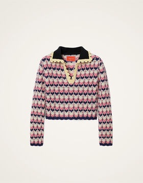Long Sleeves Picket Polo Shirt La DoubleJ: Multicolor Pink & White PUL0293KNI168